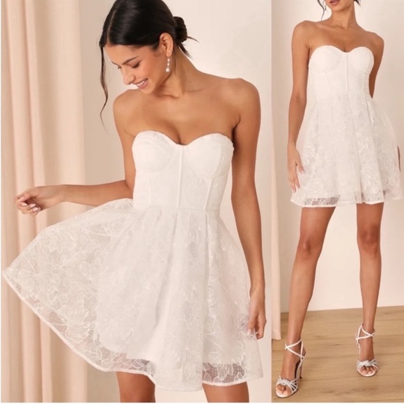 Ivory White Embroidered Bustier Strapless Tulle Mini Dress 🌿 - Picture 1 of 8